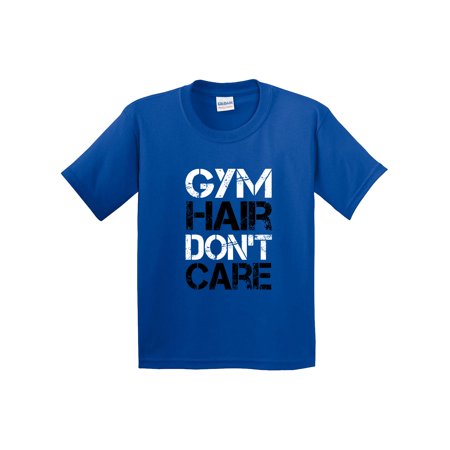 True Way 1455 - Youth T-Shirt Gym Hair Don T Care Workout Exercise Fitness Health Medium Royal Blue