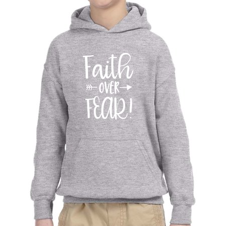 True Way 1253 - Youth Hoodie Faith Over Fear Script Unisex Pullover Sweatshirt XL Heather Grey