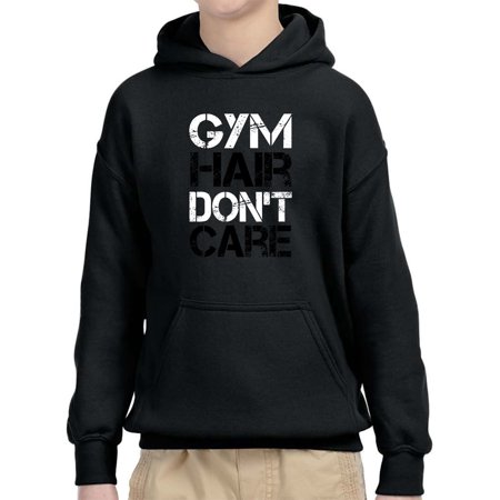 True Way 1455 - Youth Hoodie Gym Hair Don T Care Workout Exercise Fitness Health Unisex Pullover Sweatshirt Medium Black