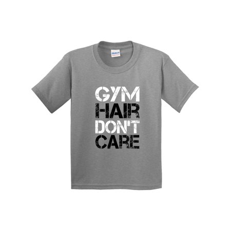 True Way 1455 - Youth T-Shirt Gym Hair Don T Care Workout Exercise Fitness Health Small Heather Grey