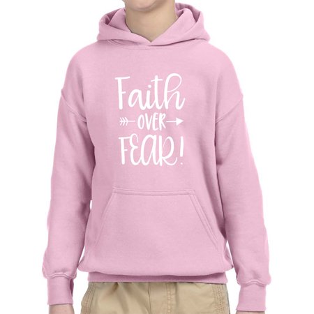 True Way 1253 - Youth Hoodie Faith Over Fear Script Unisex Pullover Sweatshirt Medium Light Pink