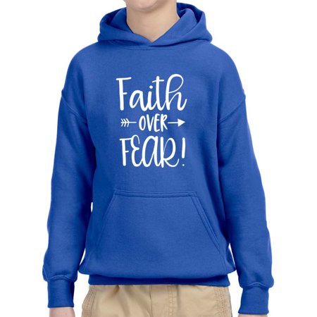 True Way 1253 - Youth Hoodie Faith Over Fear Script Unisex Pullover Sweatshirt Medium Royal Blue