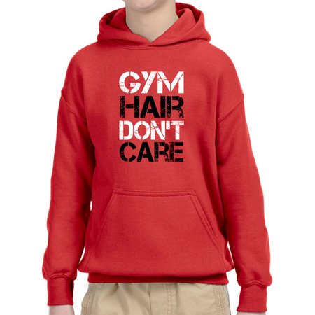 True Way 1455 - Youth Hoodie Gym Hair Don T Care Workout Exercise Fitness Health Unisex Pullover Sweatshirt Small Red