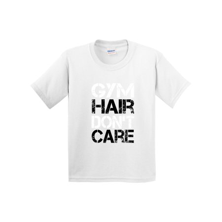 True Way 1455 - Youth T-Shirt Gym Hair Don T Care Workout Exercise Fitness Health XL White
