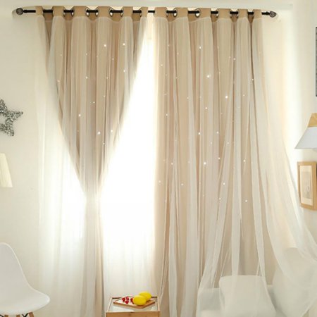 Blackout Curtains  Double Layers Hollow Out Stars Window Curtains 2 in 1 Fabric and Gauze Window Curtains Panel (Pink-Star Cutout 39x78inch)