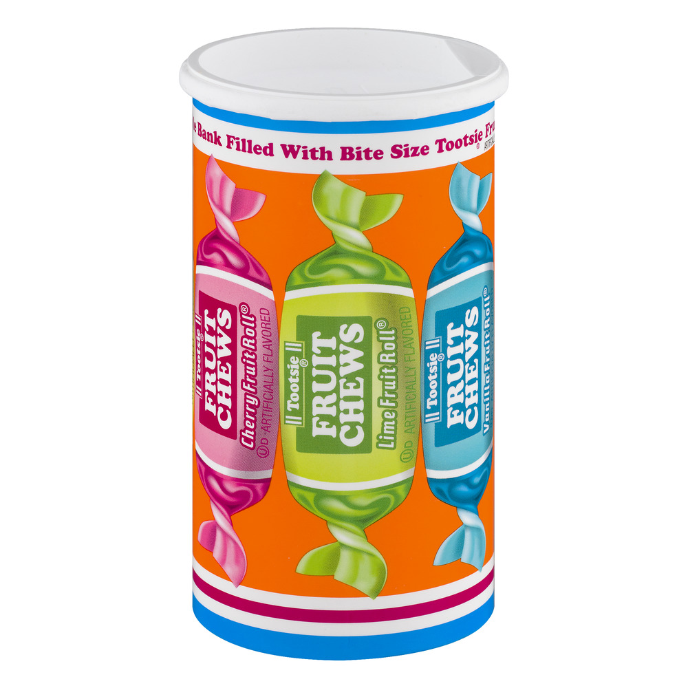 Tootsie Roll Fruit Chew Bank  Assorted Fruit Rolls  4 Oz. Peanut Free  Gluten Free. Contains Milk & Soy