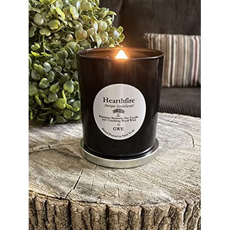 Hearthfire - Sandalwood Soy Candle W /Soft Crackling Wood Wick-Dark Sweet Creamy Sandalwood Scent Aromatherapy-100% Soy Wax Infused W/Natural Oils-Han