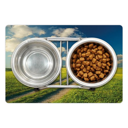Nature Pet Mat for Food and Water  Grass Path Clouds Sky Serene Sun Spring Rural Country Panorama Art  Non-Slip Rubber Mat for Dogs and Cats  18  X 12
