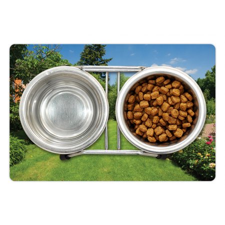 Garden Pet Mat for Food and Water  Peaceful Countryside Landscape with Blooming Roses Brick Path and a Small Gazebo  Non-Slip Rubber Mat for Dogs and 
