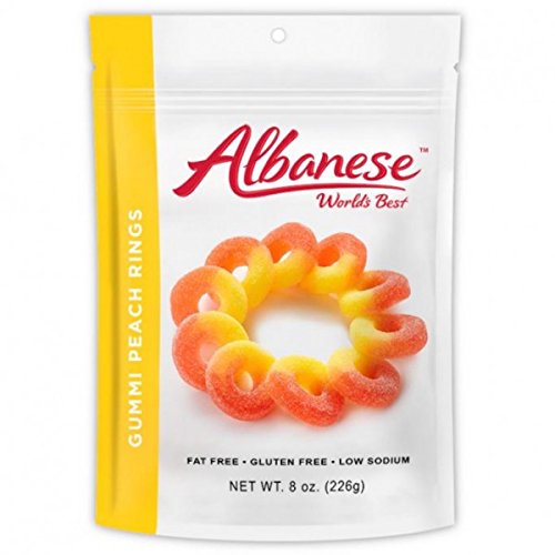 Albanese World's Best Gummi Peach Rings Resealable Stand up Pouch 8 Oz. (226g)