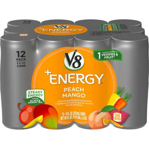 V8 +Energy Peach Mango Juice Energy Drink  8 Fl Oz Can  12 Count