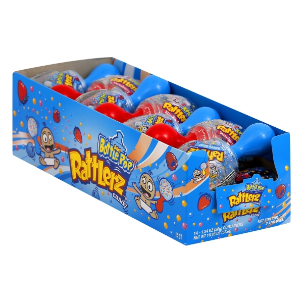Baby Bottle Pop Rattlerz Candy Lollipops with Candy Pebbles, Assorted Flavors, 1.34 Oz, 14 Count