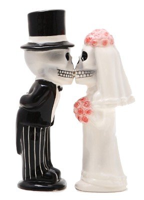 Love Never Dies Skeleton Bride and Groom Kissing Magnetic Salt and Pepper Shaker