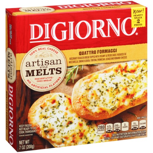 QUATTRO FORMAGGI ROSEMARY FOCACCIA BREAD TOPPED WITH CREAMY ALFREDO SAUCE, REDUCED FAT MOZZARELLA, SMOKED GOUDA, FOTINA, PARMESAN, ASIAGO AND ROMANO CHEESES, QUATTRO FORMAGGI