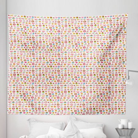 Dessert Tapestry  Confectionary Pattern of Pretzels and Candies on Pinky Polka Dotted Background  Fabric Wall Hanging Decor for Bedroom Living Room Do