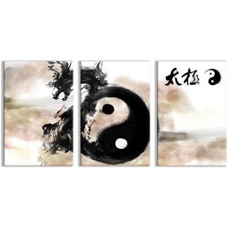 Wall26 - 3 Plane Canvas Wall Art - Tai Chi Dragon East Style Ink Painting Living Room Prints - Modern Home Art Stretched and Framed Ready to Hang - 16