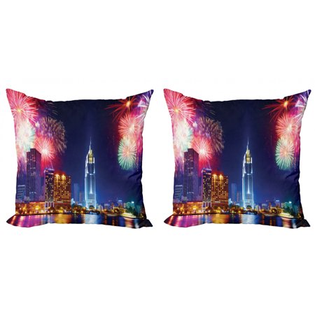 Ambesonne City Throw Pillow Cover 2 Pack  Fireworks in Ho Chi Minh City  16   Multicolor
