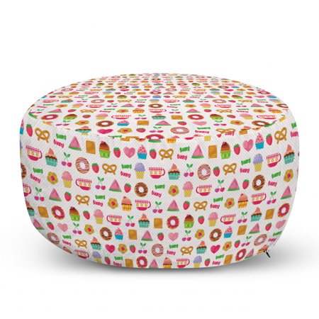 Dessert Pouf Cover with Zipper  Confectionary Pattern of Pretzels and Candies on Pinky Polka Dotted Background  Soft Decorative Fabric Unstuffed Case 