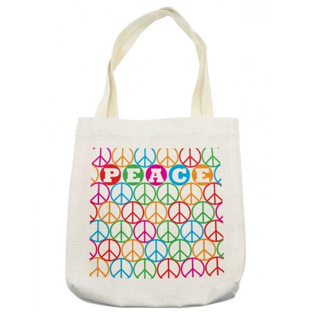 Retro Tote Bag  Colorful Internationally Recognized Peace Sign Letters Counter Culture Print  Cloth Linen Reusable Bag for Shopping Books Beach and Mo