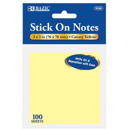 Bazic Products 5104-24 3 X 3 in. Yellow Stick on Notes Count 100 - Case of 24