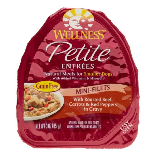 Wellness Petite Entrées Mini Fillets Grain Free Natural Wet Small Breed Dog Food  Roasted Beef  Carrots & Red Peppers  3-Ounce Cup (Pack of 24)