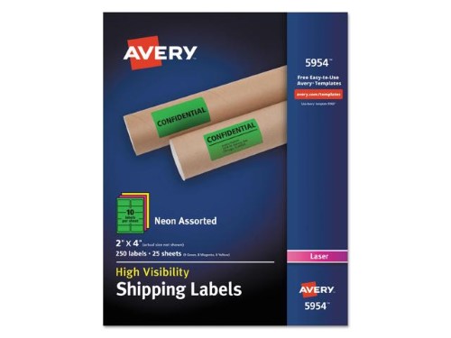 Avery 2 X 4  Neon Shipping Labels with Sure Feed for Laser Printers  Assorted: Green  Pink  Yellow Labels  250 Neon Labels (5954)