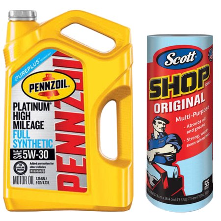 Pennzoil Platinum High Mileage 5W-30 Motor Oil  5 Qt with Scott  Original Blue  Shop Towels  (1 Roll of 55 Sheets) Kimberly-Clark Bundle