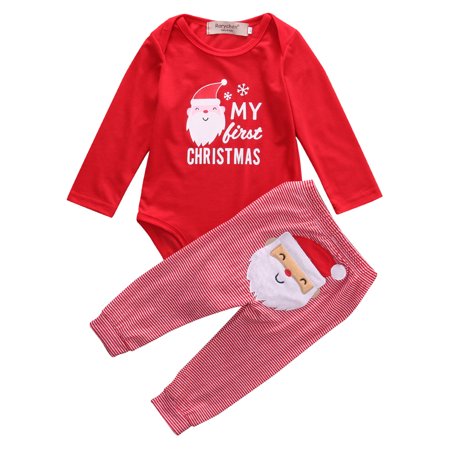 LA HIEBLA Xmas Newborn Baby Boy Girls Santa Claus Top Romper Long Pants Set 2PCS