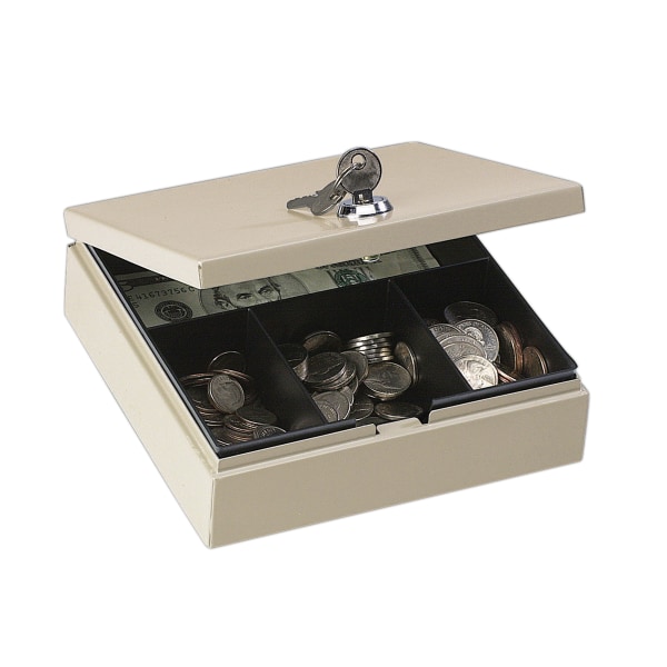 Steel Personal Cash/Security Box W/4 Compartments, Key Lock, Pebble Beige