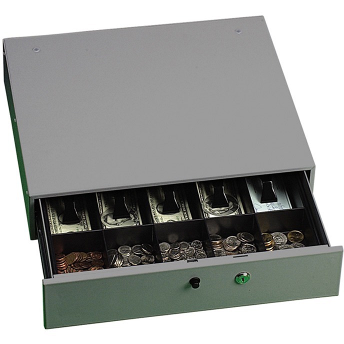 Steel Cash Drawer W/Alarm Bell & 10 Compartments, Key Lock, Stone Gray