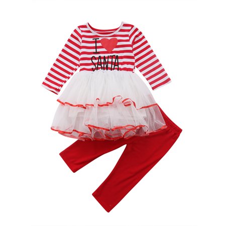 LA HIEBLA Christmas Newborn Kids Baby Girl Stripes Dress Top Pants Trousers Set