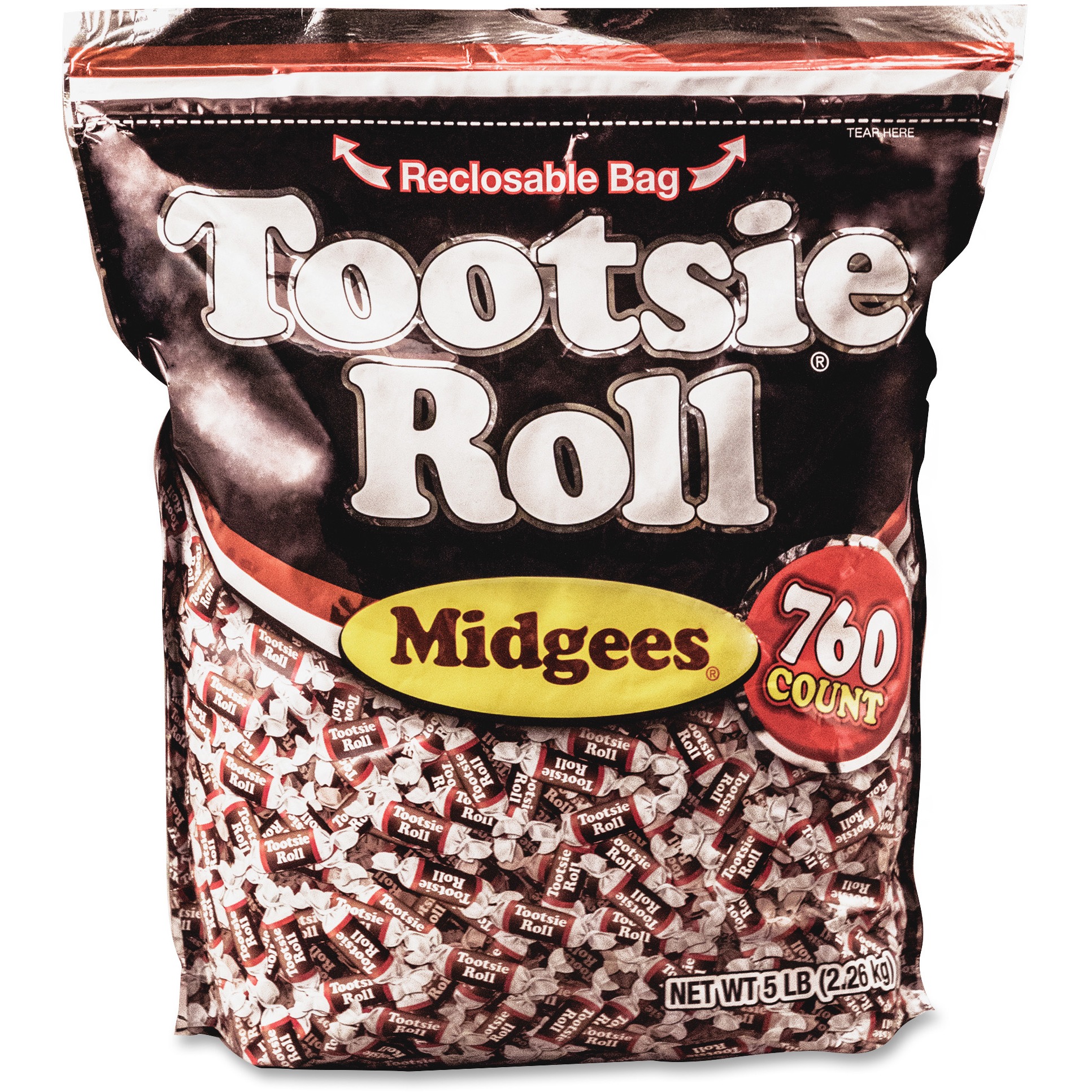 Tootsie Roll Midgees Candy - Assorted - Individually Wrapped, Resealable Container - 5 Lb - 760 Bag - 1 Bag