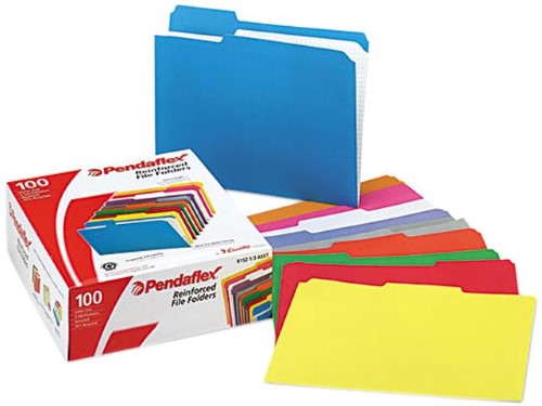 Pendaflex Reinforced File Folder  Letter Size  1/3 Cut Tabs  Assorted Colors  Pack of 100
