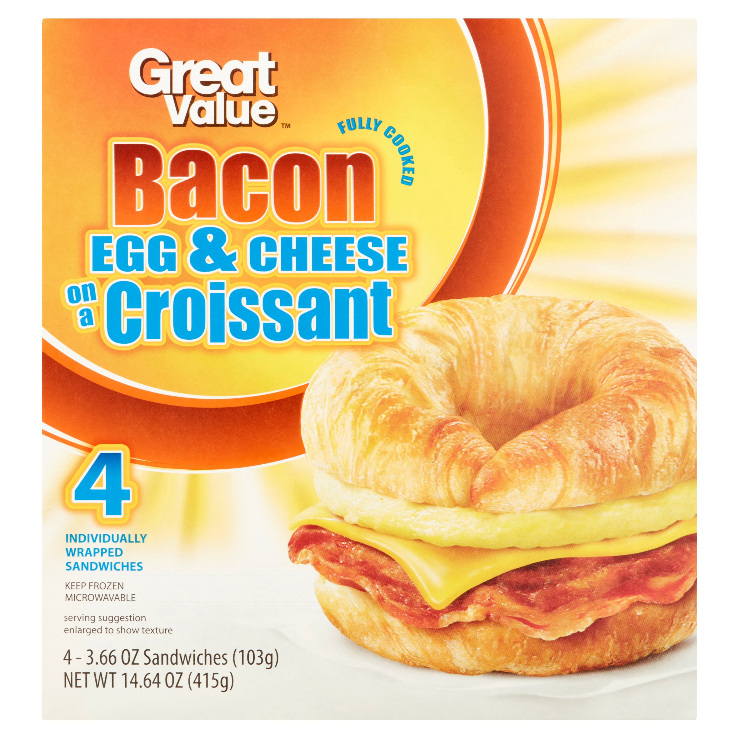 Great Value Fully Cooked Bacon Egg & Cheese on a Croissant Sandwiches, 3.66 Oz, 4 Count Image