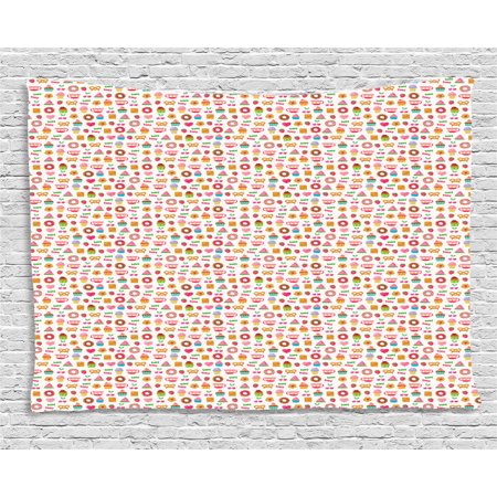 Dessert Tapestry  Confectionary Pattern of Pretzels and Candies on Pinky Polka Dotted Background  Wall Hanging for Bedroom Living Room Dorm Decor  80W