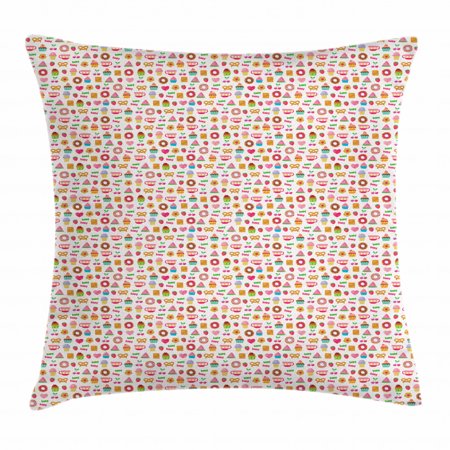 Dessert Throw Pillow Cushion Cover  Confectionary Pattern of Pretzels and Candies on Pinky Polka Dotted Background  Decorative Square Accent Pillow Ca