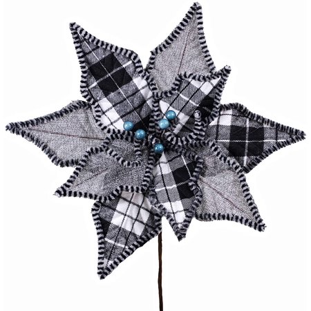 6 Pcs Christmas Black White Buffalo Plaid and Burlap Poinsettia with Blue Berries Picks Christmas Tree Ornaments 11.2  Wide for Rustic Christmas Tree 