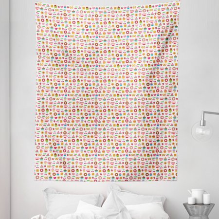 Dessert Tapestry  Confectionary Pattern of Pretzels and Candies on Pinky Polka Dotted Background  Fabric Wall Hanging Decor for Bedroom Living Room Do