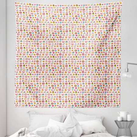 Dessert Tapestry  Confectionary Pattern of Pretzels and Candies on Pinky Polka Dotted Background  Fabric Wall Hanging Decor for Bedroom Living Room Do