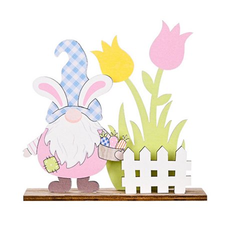 Easter Wooden Painted Ornament Bunny Gnome Doll Flower Desktop Crafts for Home Office School