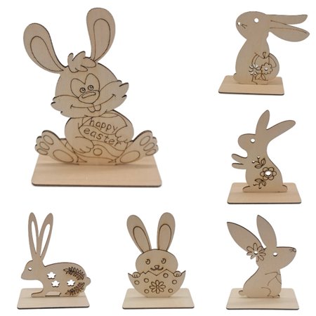 COOLL 6Pcs Wooden Rabbit Wear Resistant Fine Workmanship Burr-free Desktop Decoration Easter Bunny for Home  Color#11808
