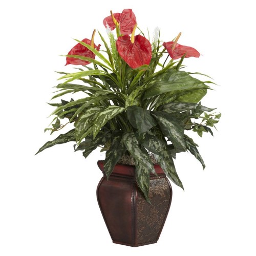 Mixed Greens & Anthurium with Decorative Vase Silk Plant