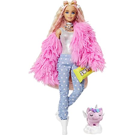 Barbie Extra Doll #3 in Pink Fluffy Coat with Pet Unicorn-Pig  Extra-Long Crimped Hair  Including Candy Bar Clutch & Gummy Bear Ring  Multiple Flexibl