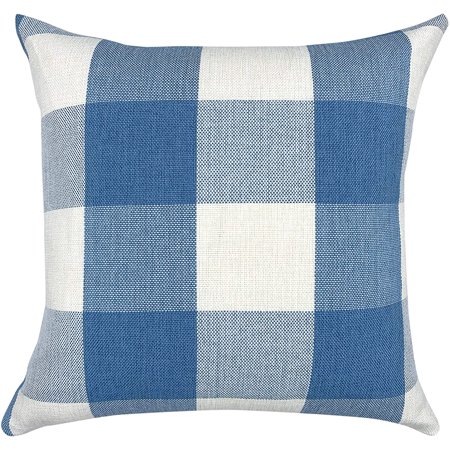Retro Farmhouse Buffalo Tartan Checkers Plaid Cotton Linen Decorative Throw Pillow Case Cushion Cover Pillowcase for Sofa 22 X 22 Inch  Baby Blue/Whit