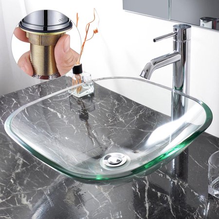 Aquaterior Tempered Glass Bathroom Vanity Sink Chrome Faucet Pop up Drain Mounting Ring Combo Set Square Countertop Modern