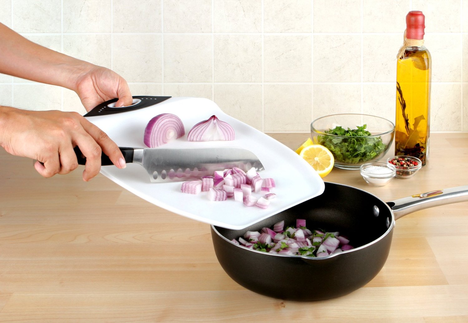 Dexas Chop & Scoop Cutting Board, 11 by 14 Inches, White with Black Handle