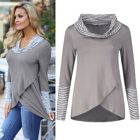 Women S Striped High Neck Color Blocking Irregular Hem Long Sleeve T-Shirt OLRIK 2292