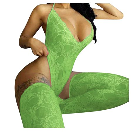 Roliyen New Women Lace Lingerie Bodysuit V-Neck Backless Jumpsuit Pajamas Stockings Suit