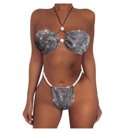 Roliyen Women Sexy Bandeau Bandage Bikini Set Push-up Brazilian Rhinetone Underwear Suit