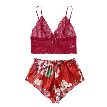 Roliyen Satin Silk Pajamas Women Nightdress Lingerie Lace Underwear Sleepwear Printing